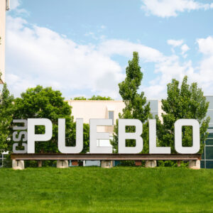 Pueblo campus, with the Pueblo logo outdoors